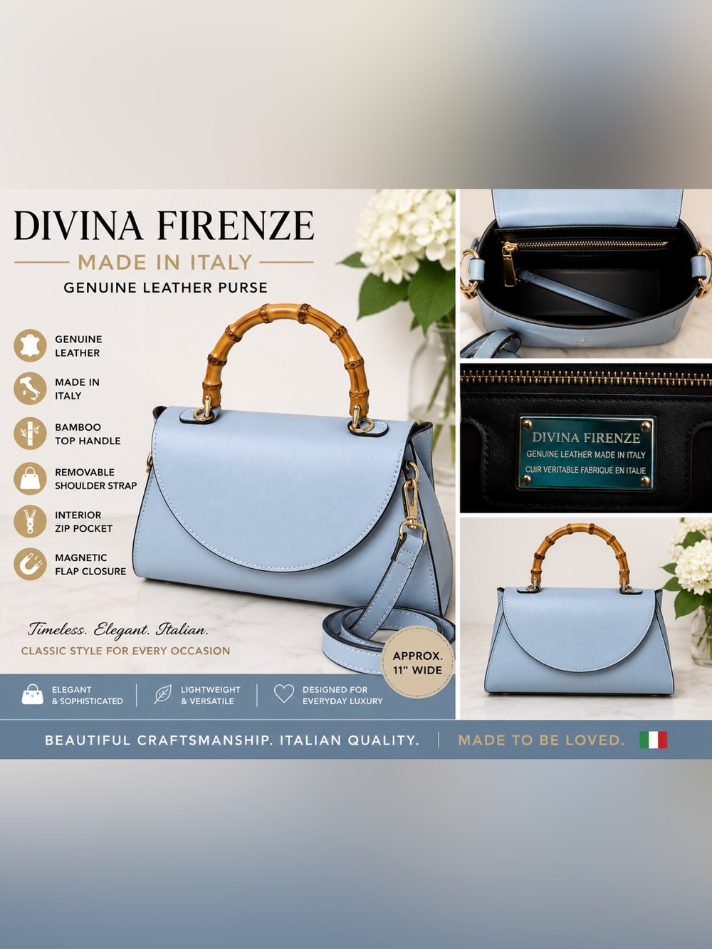 Divina Firenze Genuine Leather Handbag Made in Italy Bamboo Handle